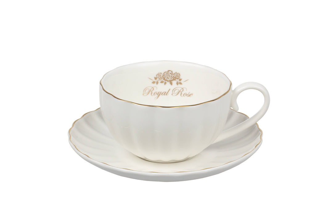 Royal Rose Tasse und Untertasse weiß mit Goldrand aus Bone China