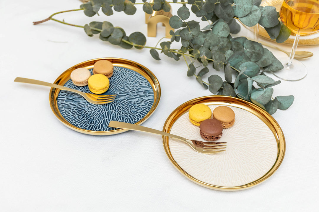 Dessertteller mit Goldrand – Set aus 4 in Blau & Creme